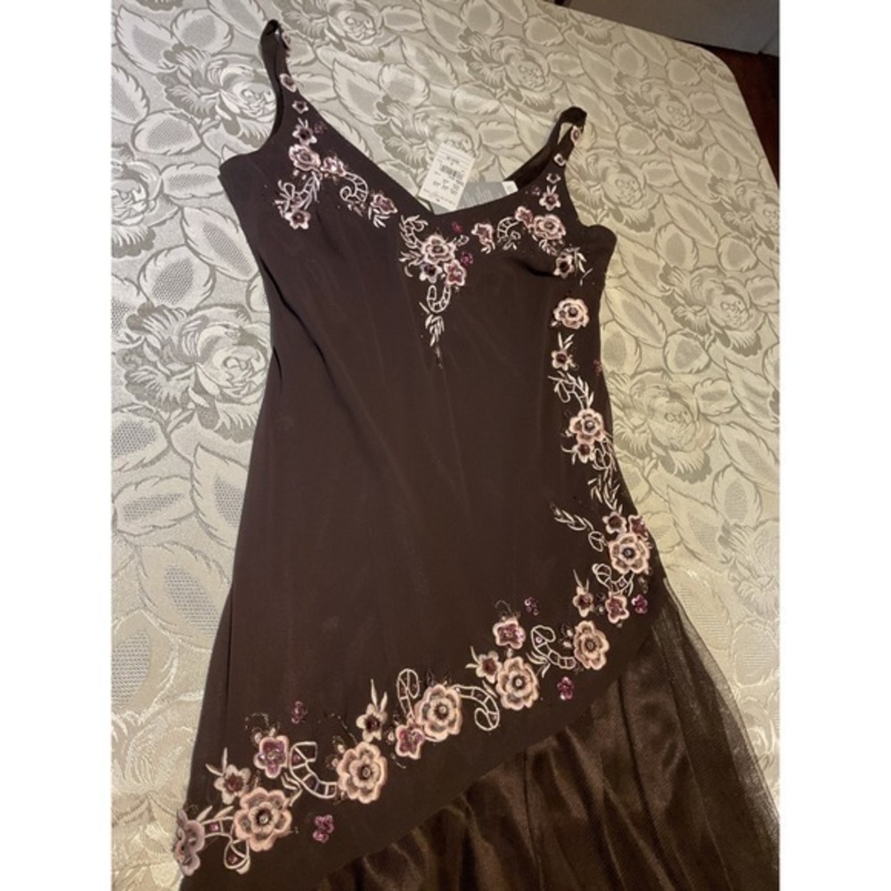 R&M Richards Gown Womens 6P Brown NWT Floral Embroidered Tulle Maxi Dress - Picture 3 of 10